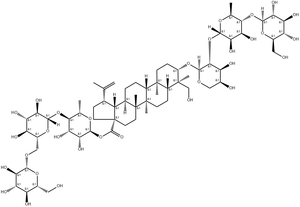 Lup-20(29)-en-28-oic acid, 3-[(O-β-D-glucopyranosyl-(1→4)-O-6-deoxy-α-L-mannopyranosyl-(1→2)-α-L-arabinopyranosyl)oxy]-23-hydroxy-, O-β-D-glucopyranosyl-(1→6)-O-β-D-glucopyranosyl-(1→4)-6-deoxy-α-L-mannopyranosyl ester, (3β,4α)-