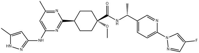 Cyclohexanecarboxamide, N-[(1R)-1-[6-(4-fluoro-1H-pyrazol-1-yl)-3-pyridinyl]ethyl]-1-methoxy-4-[4-methyl-6-[(5-methyl-1H-pyrazol-3-yl)amino]-2-pyrimidinyl]-, cis-