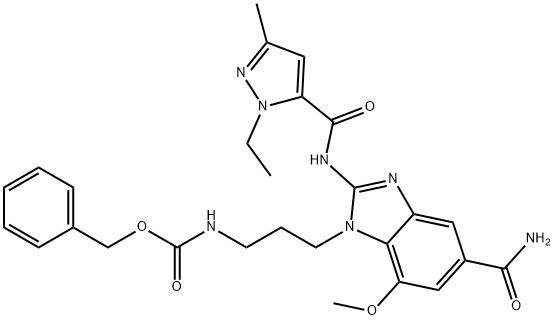 Carbamic acid, N-[3-[5-(aminocarbonyl)-2-[[(1-ethyl-3-methyl-1H-pyrazol-5-yl)carbonyl]amino]-7-methoxy-1H-benzimidazol-1-yl]propyl]-, phenylmethyl ester