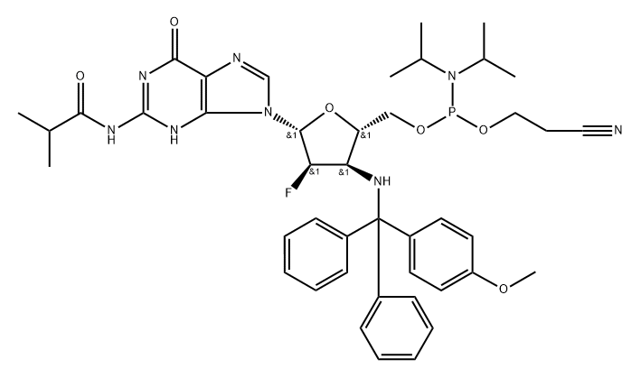 2-cyanoethyl (((2S,3R,4R,5R)-4-fluoro-5-(2-isobutyramido-6-oxo-1,6-dihydro-9H-purin-9-yl)-3-(((4-methoxyphenyl)diphenylmethyl)amino)tetrahydrofuran-2-yl)methyl) diisopropylphosphoramidite