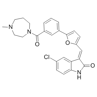 CX6258                                                    (3E)-5-Chloro-3-[[5-[3-[(hexahydro-4-methyl-1H-1,4-diazepin-1-yl)carbonyl]phenyl]-2-furanyl]methylene]-1,3-dihydro-2H-indol-2-one