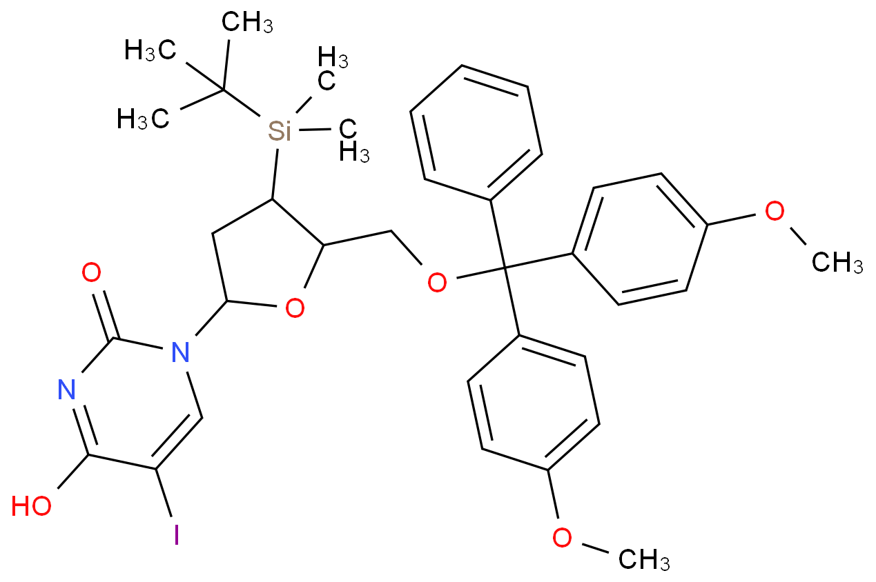 1-((2R,4S,5R)-5-((bis(4-methoxyphenyl)(phenyl)methoxy)methyl)-4-(tert-butyldimethylsilyl)tetrahydrofuran-2-yl)-5-iodopyrimidine-2,4(1H,3H)-