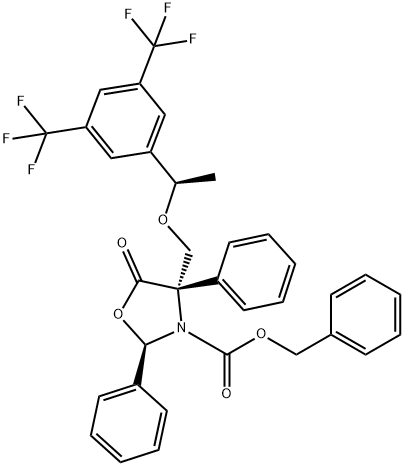 3-Oxazolidinecarboxylic acid, 4-[[(1R)-1-[3,5-bis(trifluoromethyl)phenyl]ethoxy]methyl]-5-oxo-2,4-diphenyl-, phenylmethyl ester, (2R,4S)-