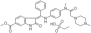 NINTEDANIB尼达尼布乙烷磺酸盐(3Z)-2,3-DIHYDRO-3-[[[4-[METHYL[2-(4-METHYL-1-PIPERAZINYL)ACETYL]AMINO]PHENYL]AMINO]PHENYLMETHYLENE]-2-OXO-1H-INDOLE-6-CARBOXYLICACIDMETHYLESTERETHANESULFONATE