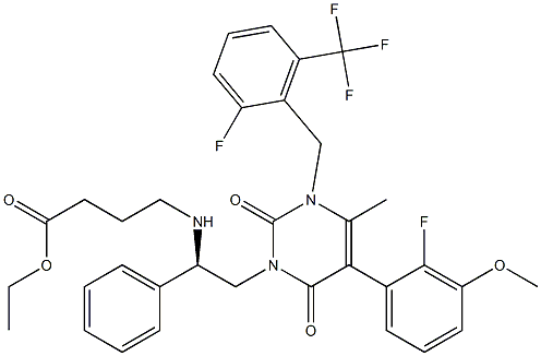 (R)-ethyl 4-(2-(3-(2-fluoro-6-(trifluoromethyl)benzyl)-5-(2-fluoro-3-methoxyphenyl)-4-methyl-2,6-dioxo-2,3-dihydropyrimidin-1(6H)-yl)-1-phenylethylami