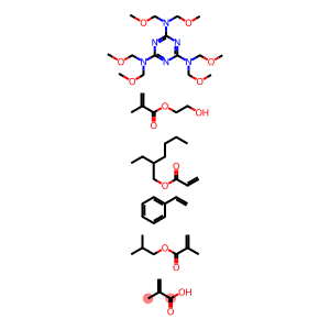 2-Propenoic acid, 2-methyl-, polymer with ethenylbenzene, 2-ethylhexyl 2-propenoate, N,N,N',N',N'',N''-hexakis( methoxymethyl)-1,3,5-triazine-2,4,6-triamine, 2-hydroxyethyl 2-methyl-2-propenoate and 2-methylpropyl 2-methyl-2-propenoate