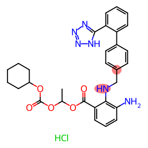 Benzoic acid, 3-amino-2-[[[2'-(2H-tetrazol-5-yl)[1,1'-biphenyl]-4-yl]methyl]amino]-, 1-[[(cyclohexyloxy)carbonyl]oxy]ethyl ester, hydrochloride (1:2)