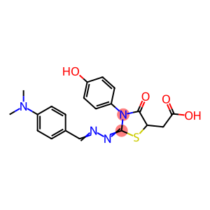 2-((E)-2-(((E)-4-(dimethylamino)benzylidene)hydrazono)-3-(4-hydroxyphenyl)-4-oxothiazolidin-5-yl)acetic acid