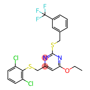4-{[(2,6-dichlorophenyl)sulfanyl]methyl}-6-ethoxy-2-({[3-(trifluoromethyl)phenyl]methyl}sulfanyl)pyrimidine