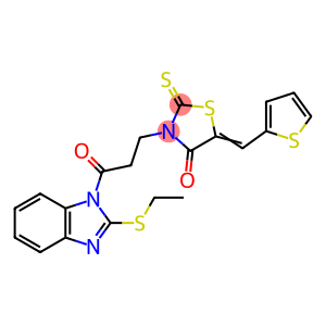 (5E)-3-[3-(2-ethylsulfanylbenzimidazol-1-yl)-3-oxopropyl]-2-sulfanylidene-5-(thiophen-2-ylmethylidene)-1,3-thiazolidin-4-one