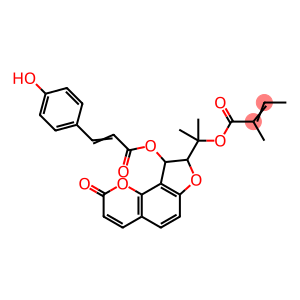 2-Methyl-2-butenoic acid 1-[8,9-dihydro-9-[[3-(4-hydroxyphenyl)-1-oxo-2-propenyl]oxy]-2-oxo-2H-furo[2,3-h]-1-benzopyran-8-yl]-1-methylethyl ester