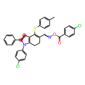 N-[(4-CHLOROBENZOYL)OXY]-N-((E)-(1-(4-CHLOROPHENYL)-4-[(4-METHYLPHENYL)SULFANYL]-2-PHENYL-6,7-DIHYDRO-1H-INDOL-5-YL)METHYLIDENE)AMINE