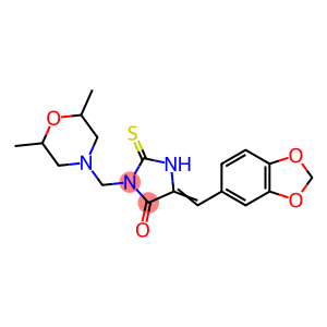 5-(1,3-BENZODIOXOL-5-YLMETHYLENE)-3-[(2,6-DIMETHYLMORPHOLINO)METHYL]-2-THIOXOTETRAHYDRO-4H-IMIDAZOL-4-ONE