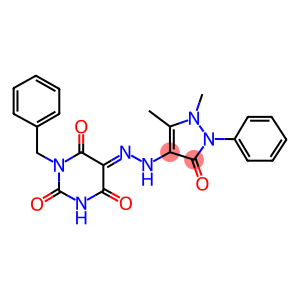 1-benzyl-2,4,5,6(1H,3H)-pyrimidinetetrone 5-[(1,5-dimethyl-3-oxo-2-phenyl-2,3-dihydro-1H-pyrazol-4-yl)hydrazone]