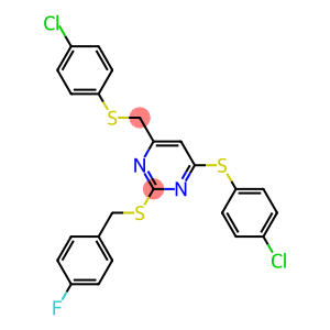 4-chlorophenyl {6-[(4-chlorophenyl)sulfanyl]-2-[(4-fluorobenzyl)sulfanyl]-4-pyrimidinyl}methyl sulfide