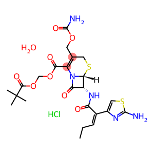 2,2-dimethylpropanoyloxymethyl (6R,7R)-7-[[(Z)-2-(2-amino-1,3-thiazol-4-yl)pent-2-enoyl]amino]-3-(carbamoyloxymethyl)-8-oxo-5-thia-1-azabicyclo[4.2.0]oct-2-ene-2-carboxylate hydrate hydrochloride