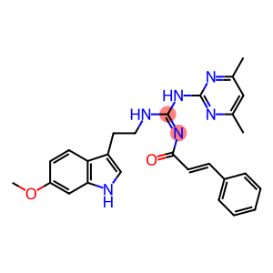 (E)-N-((4,6-DIMETHYLPYRIMIDIN-2-YLAMINO)(2-(6-METHOXY-1H-INDOL-3-YL)ETHYLAMINO)METHYLENE)CINNAMAMIDE