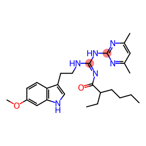 (E)-N-((4,6-DIMETHYLPYRIMIDIN-2-YLAMINO)(2-(6-METHOXY-1H-INDOL-3-YL)ETHYLAMINO)METHYLENE)-2-ETHYLHEXANAMIDE