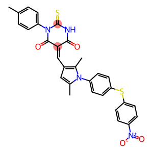 (E)-5-((2,5-DIMETHYL-1-(4-(4-NITROPHENYLTHIO)PHENYL)-1H-PYRROL-3-YL)METHYLENE)-2-THIOXO-3-P-TOLYL-DIHYDROPYRIMIDINE-4,6(1H,5H)-DIONE